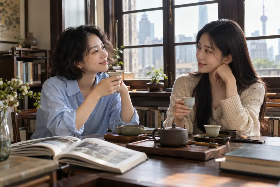 城市茶席场景，年轻女性在茶桌旁交流品茶