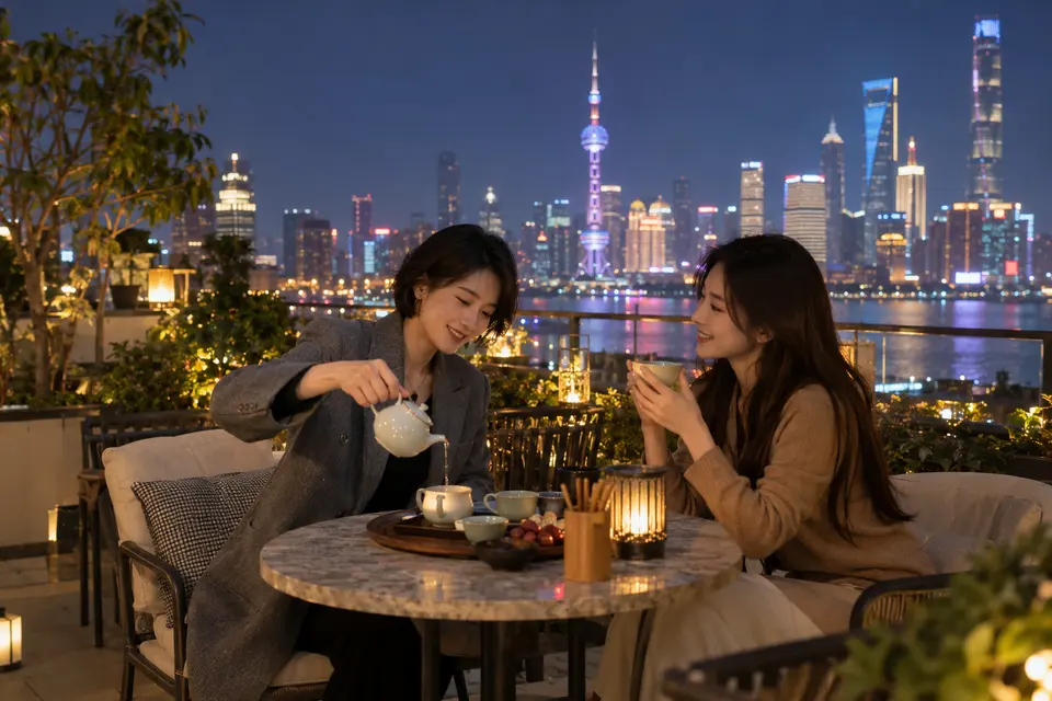 屋顶露台夜茶交流场景，朋友围坐倒茶